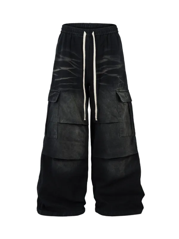 Washed Multi Pocket Drawstring Cargo Jeans sold by Thesupermade