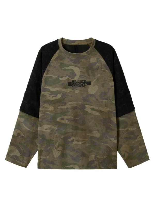 Camouflage Spliced Faux Two-Piece Long-sleeve T-shirt sold by Thesupermade