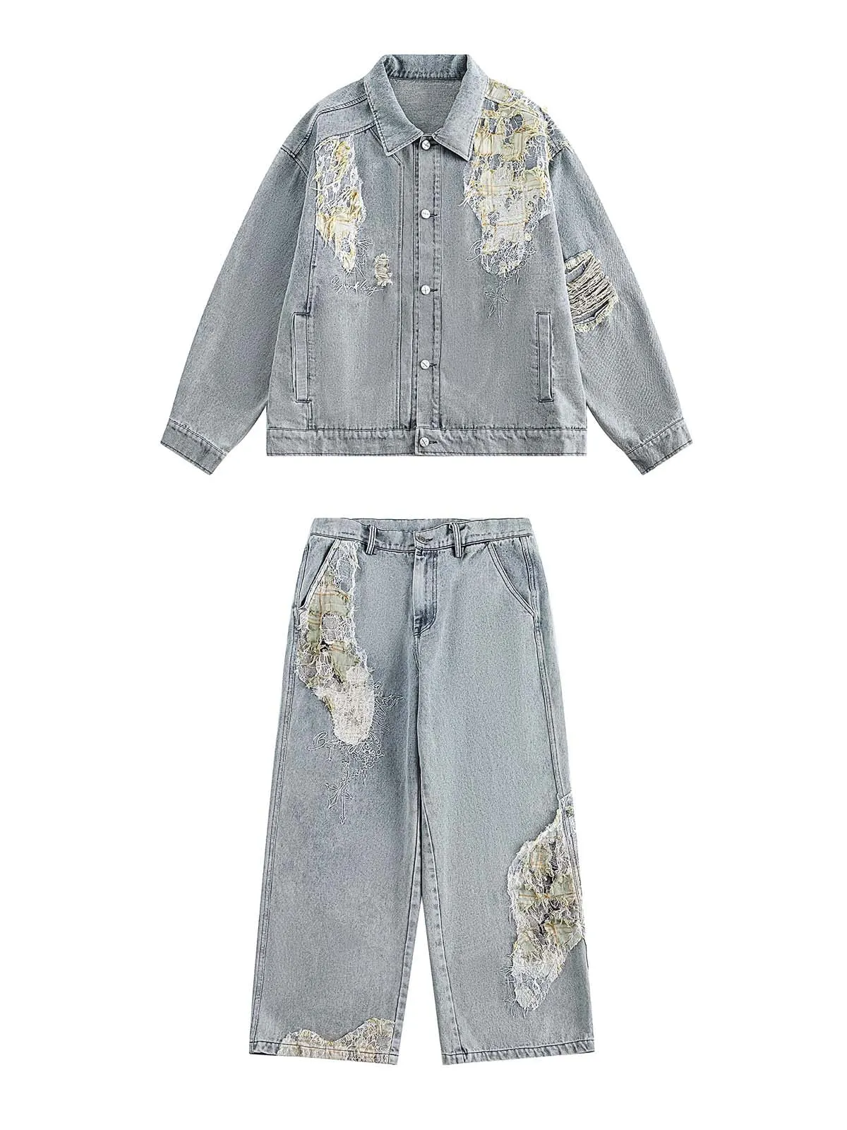 Washed Ripped Lace Spliced Denim Set sold by Thesupermade product image thumbnail 3
