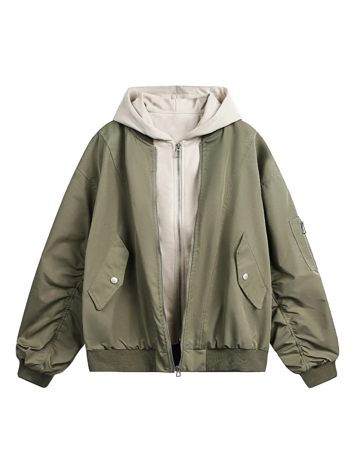 Faux Two-Piece Pleated Spliced Hooded Bomber Jacket sold by Thesupermade