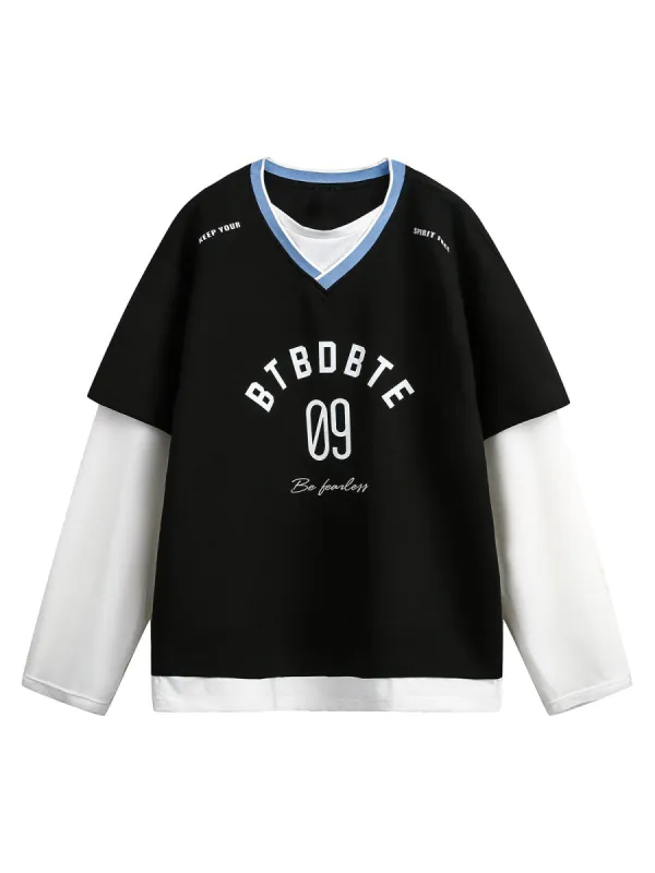 Faux Two-Piece Jersey Print Long Sleeve T-shirt - 2296 sold by Thesupermade