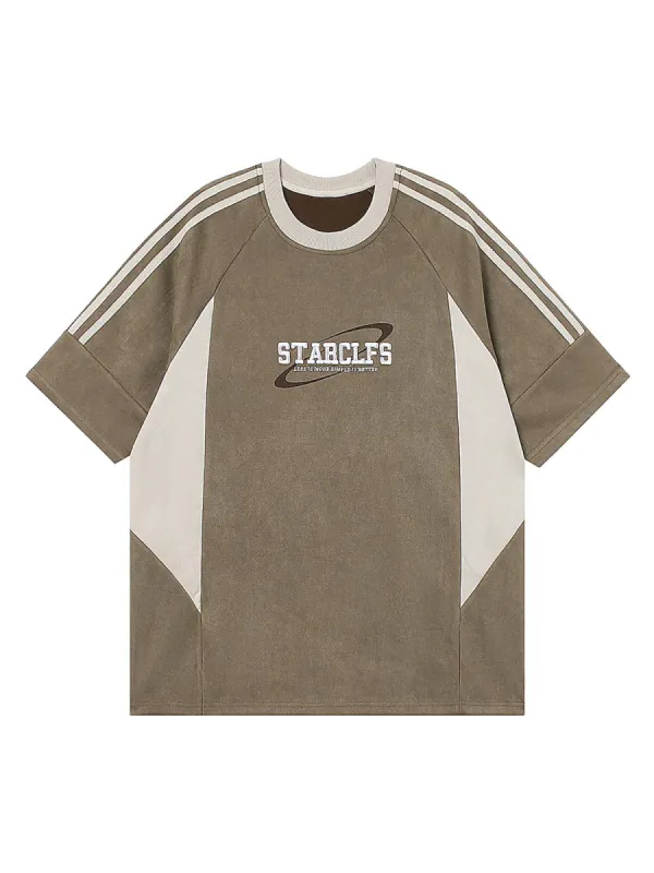 Suede Contrast Color Spliced Letter Embroidery Oversize T-shirt sold by Thesupermade