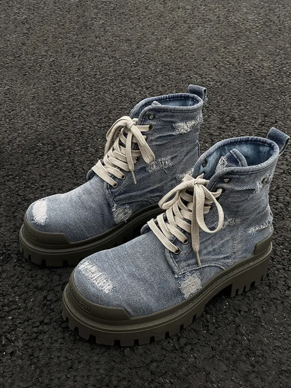 Retro Ripped Denim Work Boots sold by Thesupermade