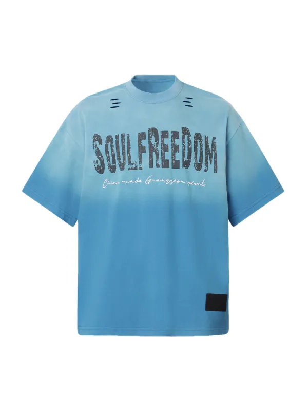 Distressed Gradient Letter Print Crew Neck T-shirt sold by Thesupermade