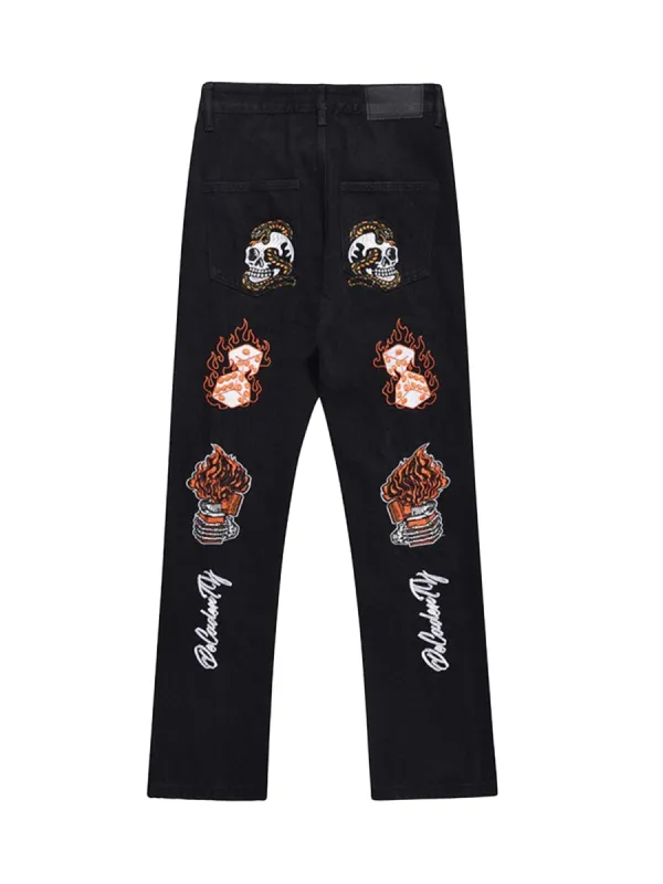 Thesupermade Skull Flame Monogram Embroidered Slim Fit Jeans sold by Thesupermade