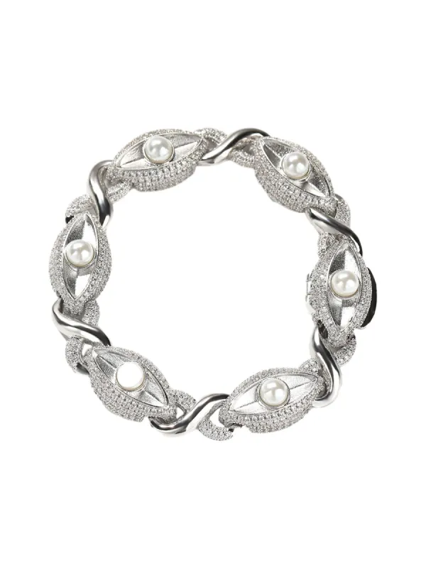 Sandblasted Pearl Eye Hotfix Rhinestone Copper Bracelet sold by Thesupermade
