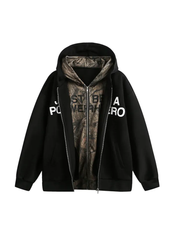 Camouflage Patchwork Faux Two-Piece Print Hooded Sweatshirt sold by Thesupermade