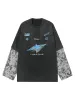 Washed Faux Two-Piece Racing Long Sleeve T-shirt sold by Thesupermade