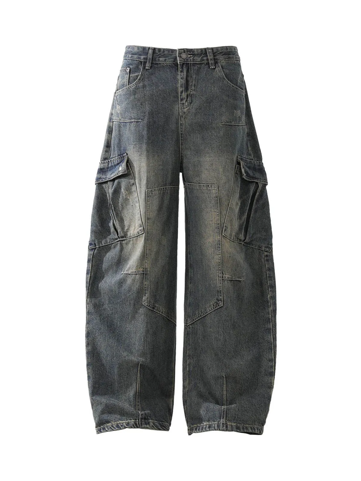 Washed Multi-Pocket Baggy Barrel Cargo Jeans sold by Thesupermade