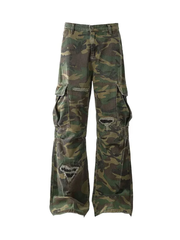 Woven Ripped Camouflage Flared Cargo Pants - 2410 sold by Thesupermade