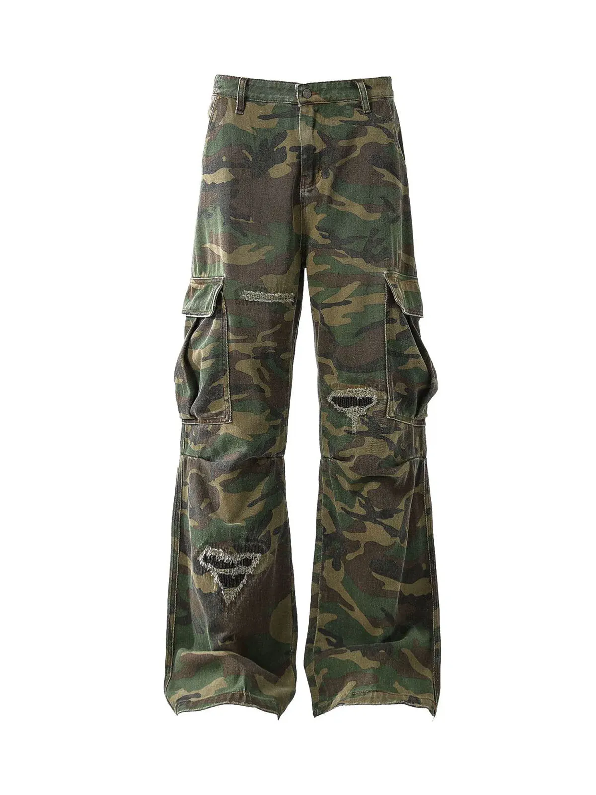 Woven Ripped Camouflage Flared Cargo Pants - 2410 sold by Thesupermade