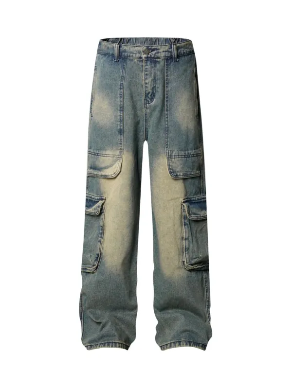 Washed Distressed Multi-Pocket Cargo Jeans sold by Thesupermade
