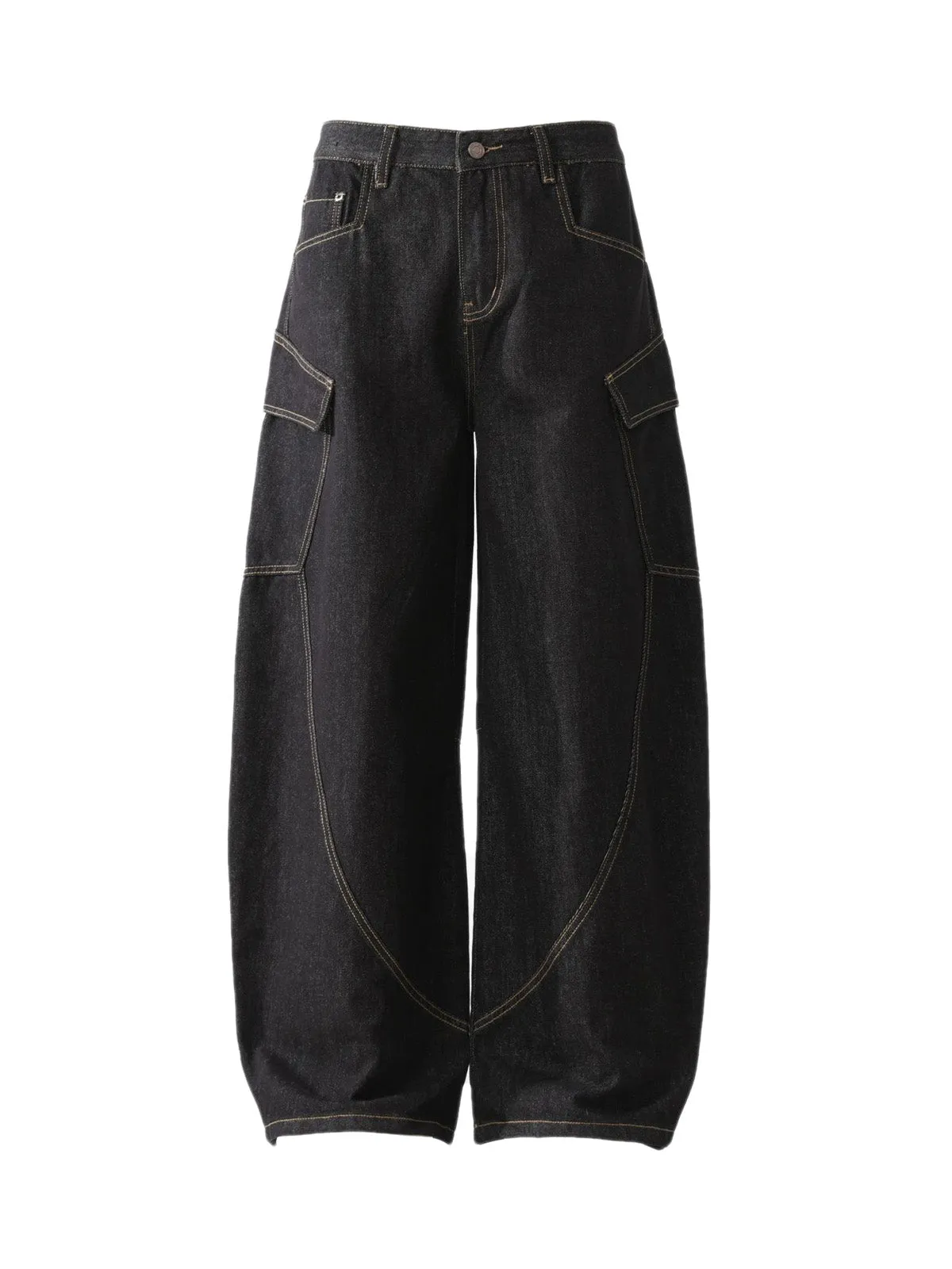 Multi-Pocket Deconstructed Washed Barrel Cargo Jeans sold by Thesupermade