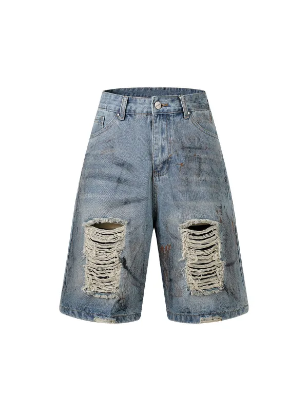 Washed Distressed Dirty-Dyed Ripped Denim Shorts sold by Thesupermade