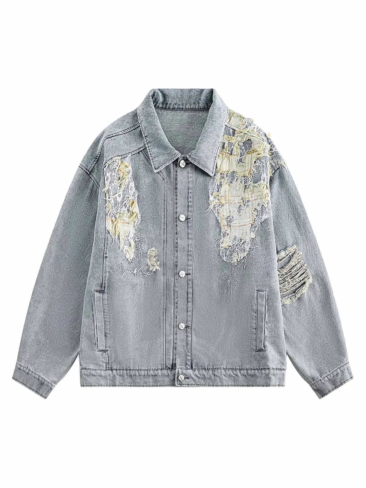 Thesupermade Washed Distressed Lace Patchwork Denim Jacket sold by Thesupermade