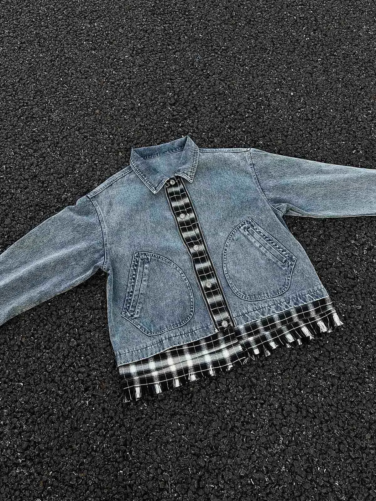 Washed Distressed Patchwork Faux Two-Piece Denim Jacket sold by Thesupermade product image thumbnail 3