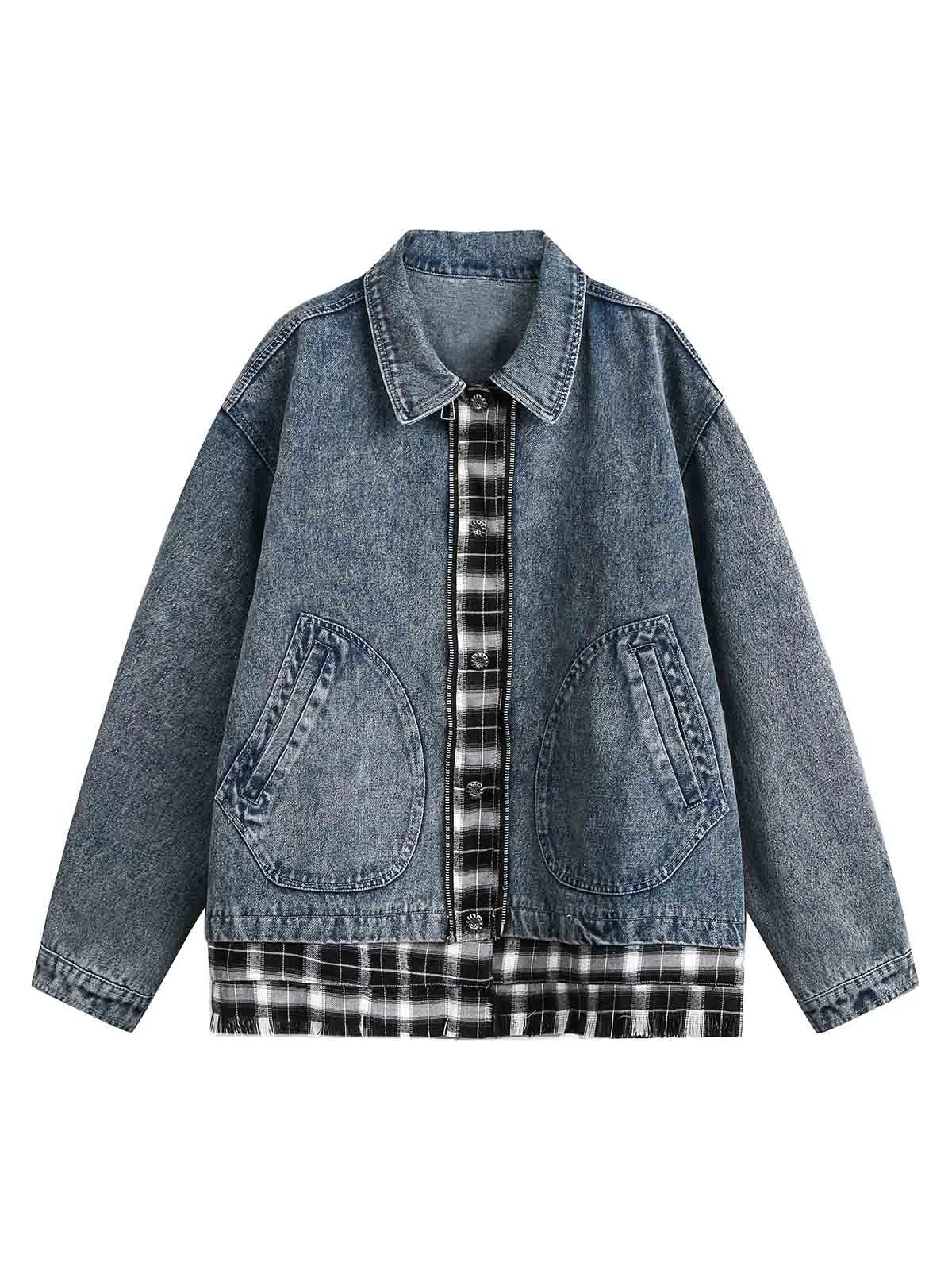 Washed Distressed Patchwork Faux Two-Piece Denim Jacket sold by Thesupermade