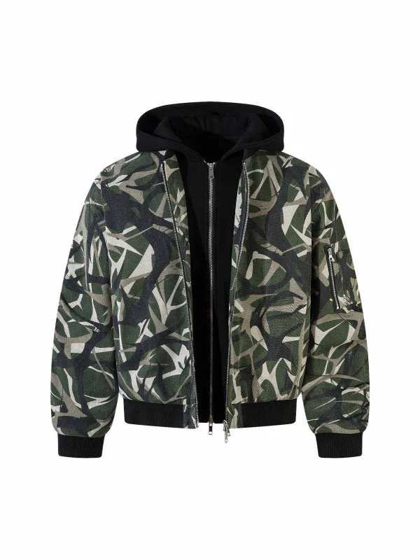Camouflage Faux Two-Piece Hooded Bomber Jacket sold by Thesupermade
