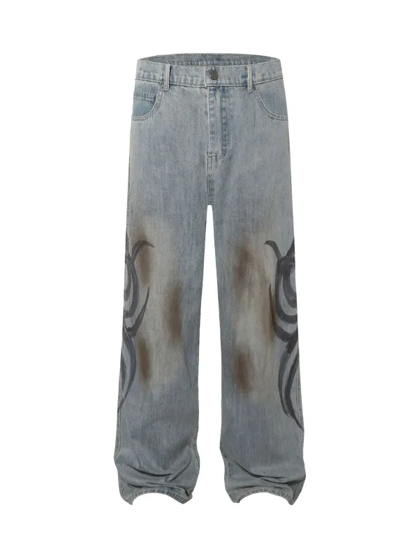 Washed Artistic Tattoo Print Baggy Jeans sold by Thesupermade