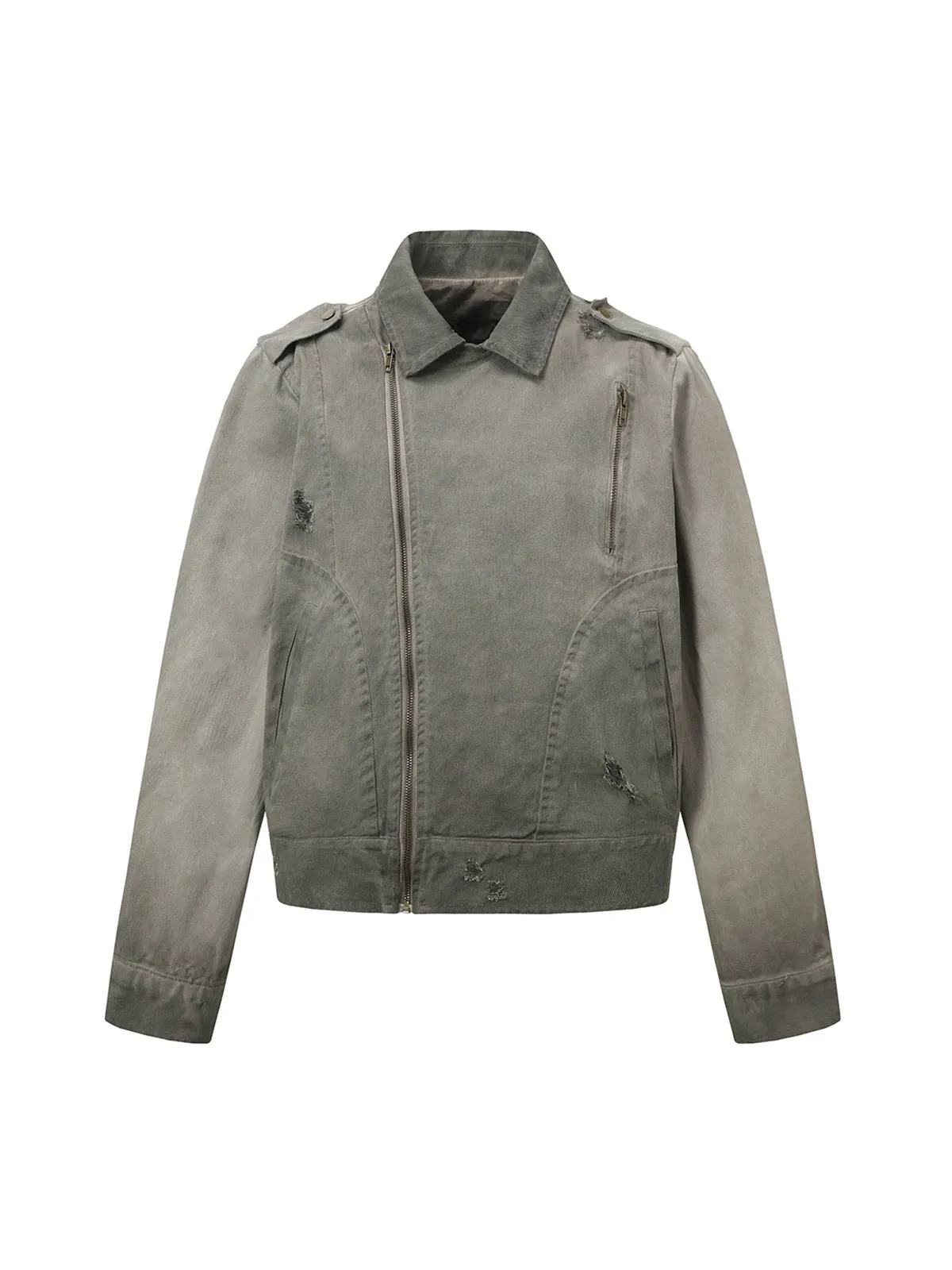 Distressed Irregular Zip Up Denim Jacket sold by Thesupermade