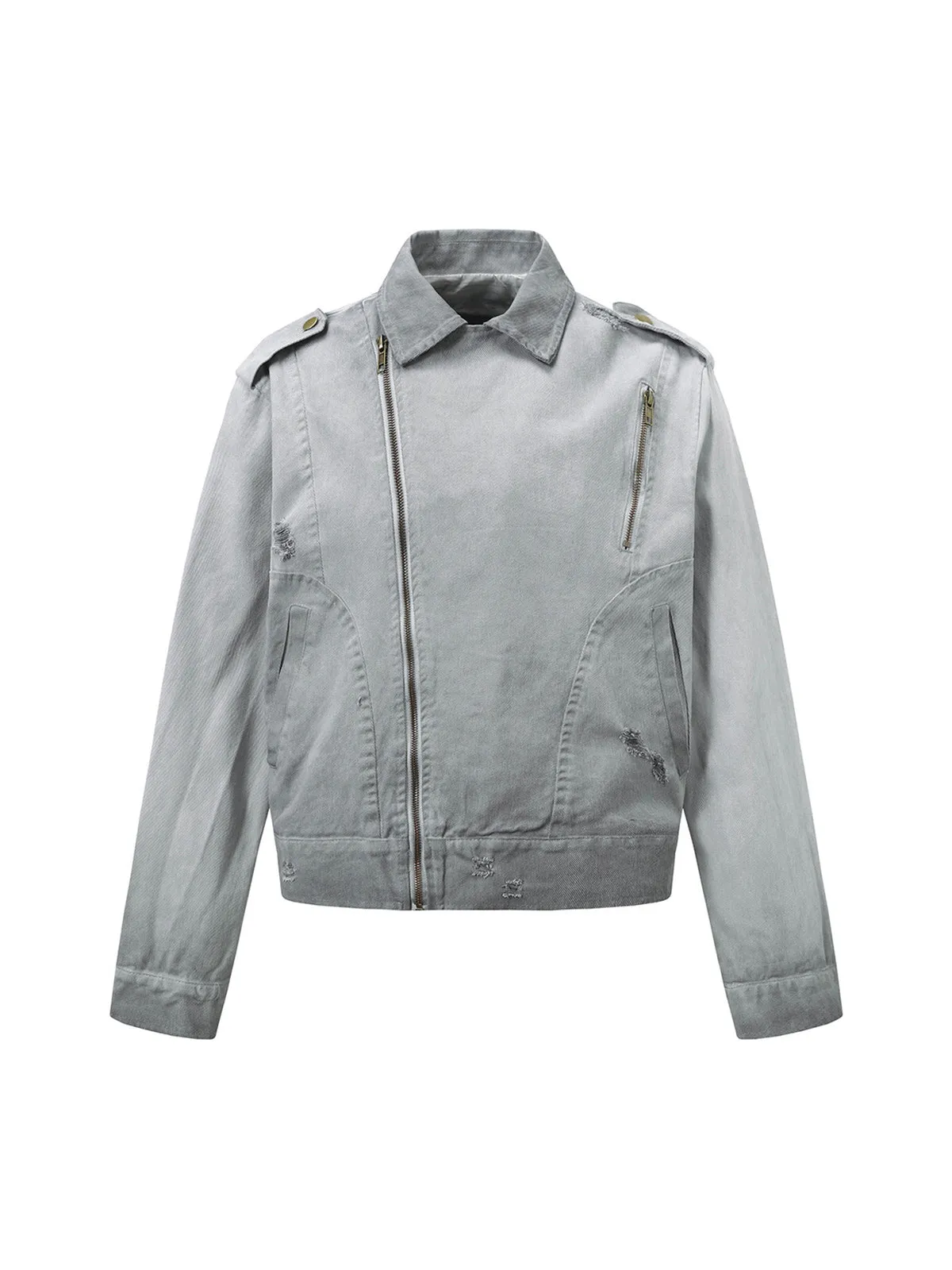 Distressed Irregular Zip Up Denim Jacket sold by Thesupermade product image thumbnail 2