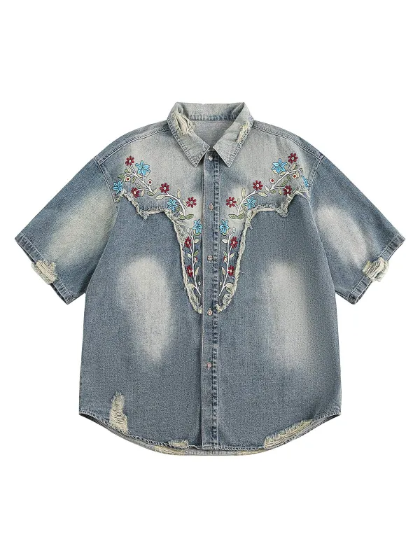 Ripped Embroidered Floral Denim Shirt sold by Thesupermade