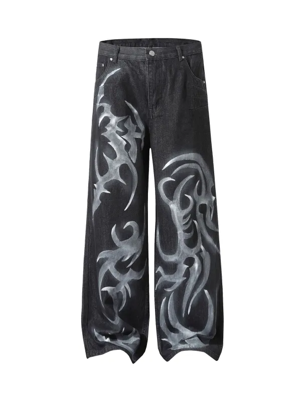 Washed Tribal Art Baggy Jeans sold by Thesupermade