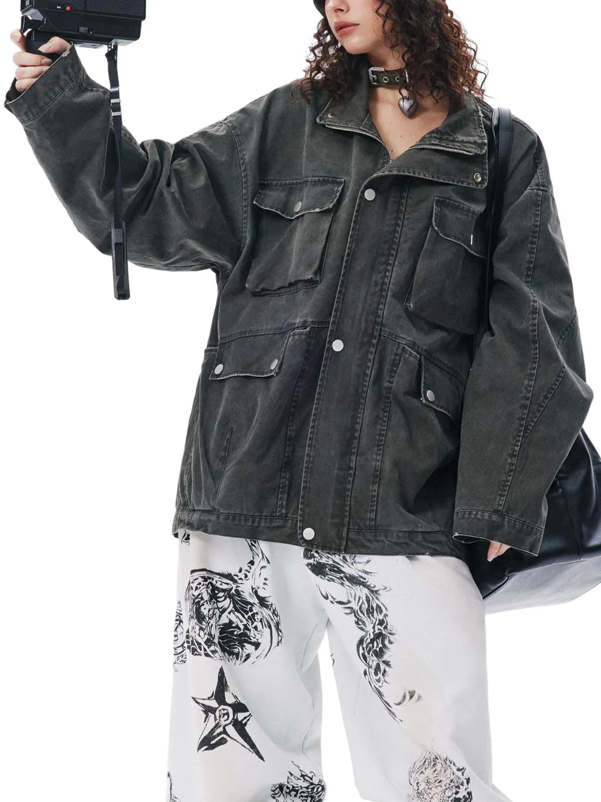 Retro Washed Distressed Multi-Pocket Work Jacket sold by Thesupermade product image thumbnail 2