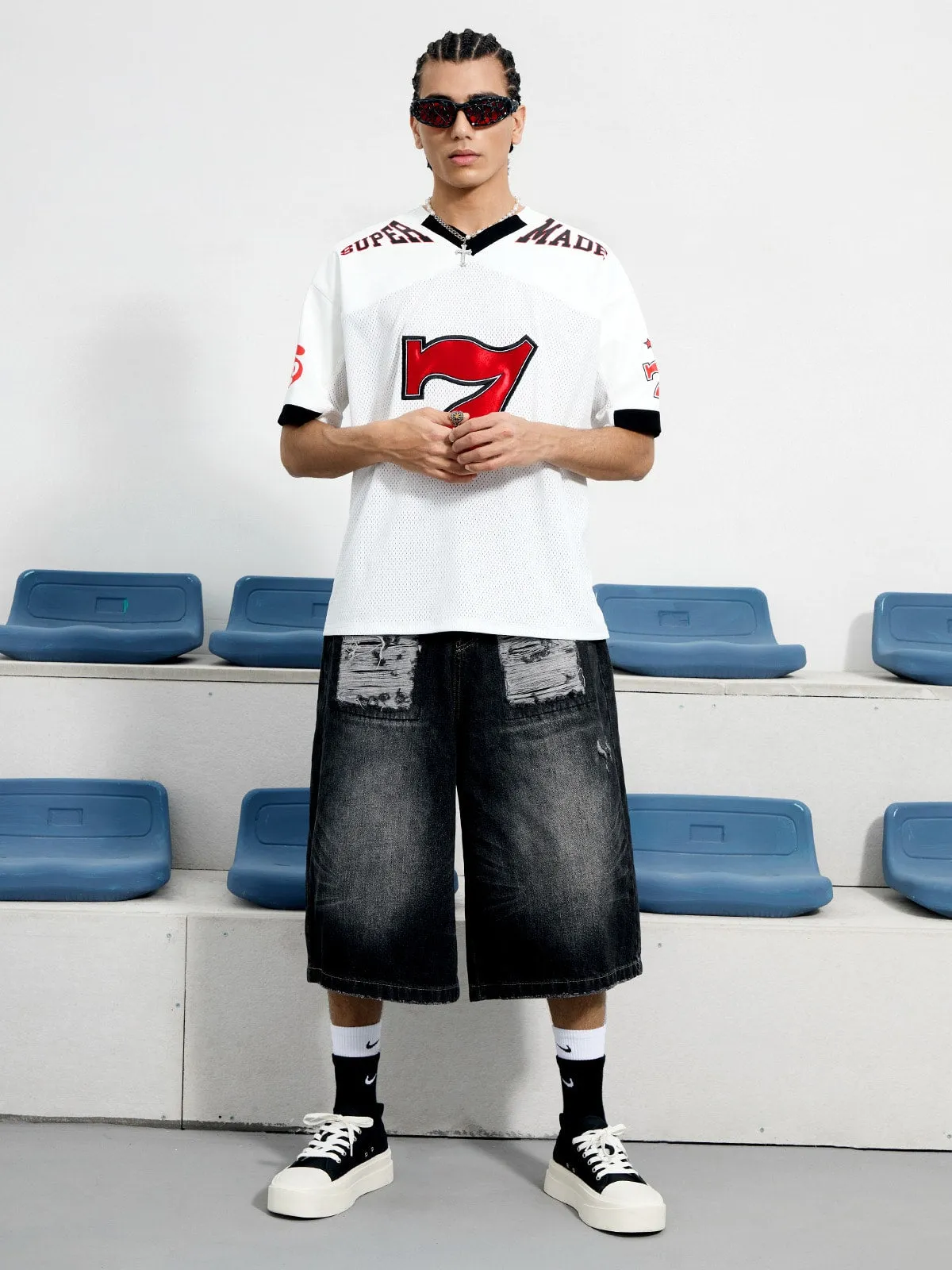 Ripped Washed Denim Cropped Jorts sold by Thesupermade product image thumbnail 3