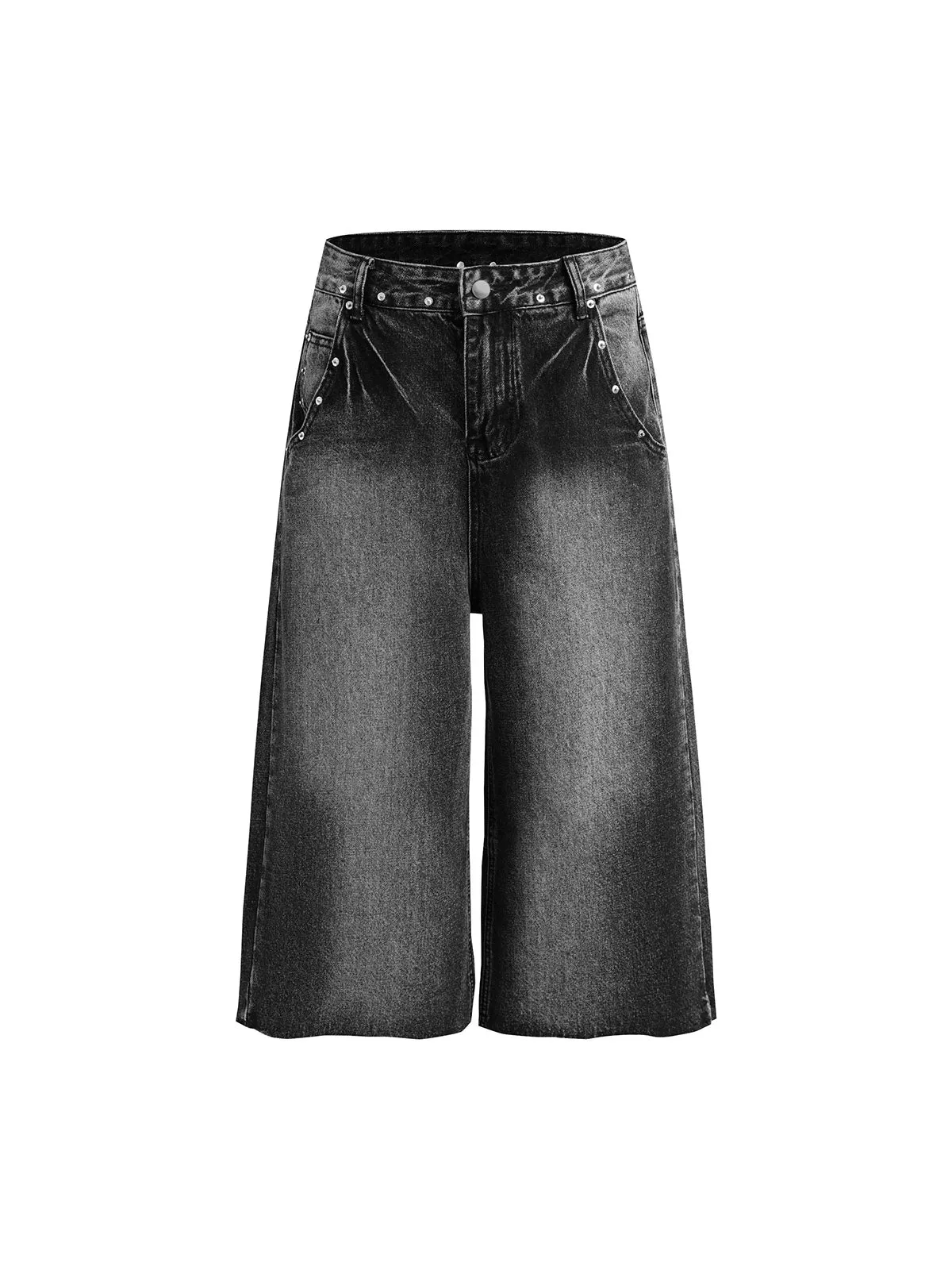 Washed Distressed Rivet Denim Cropped Jorts sold by Thesupermade