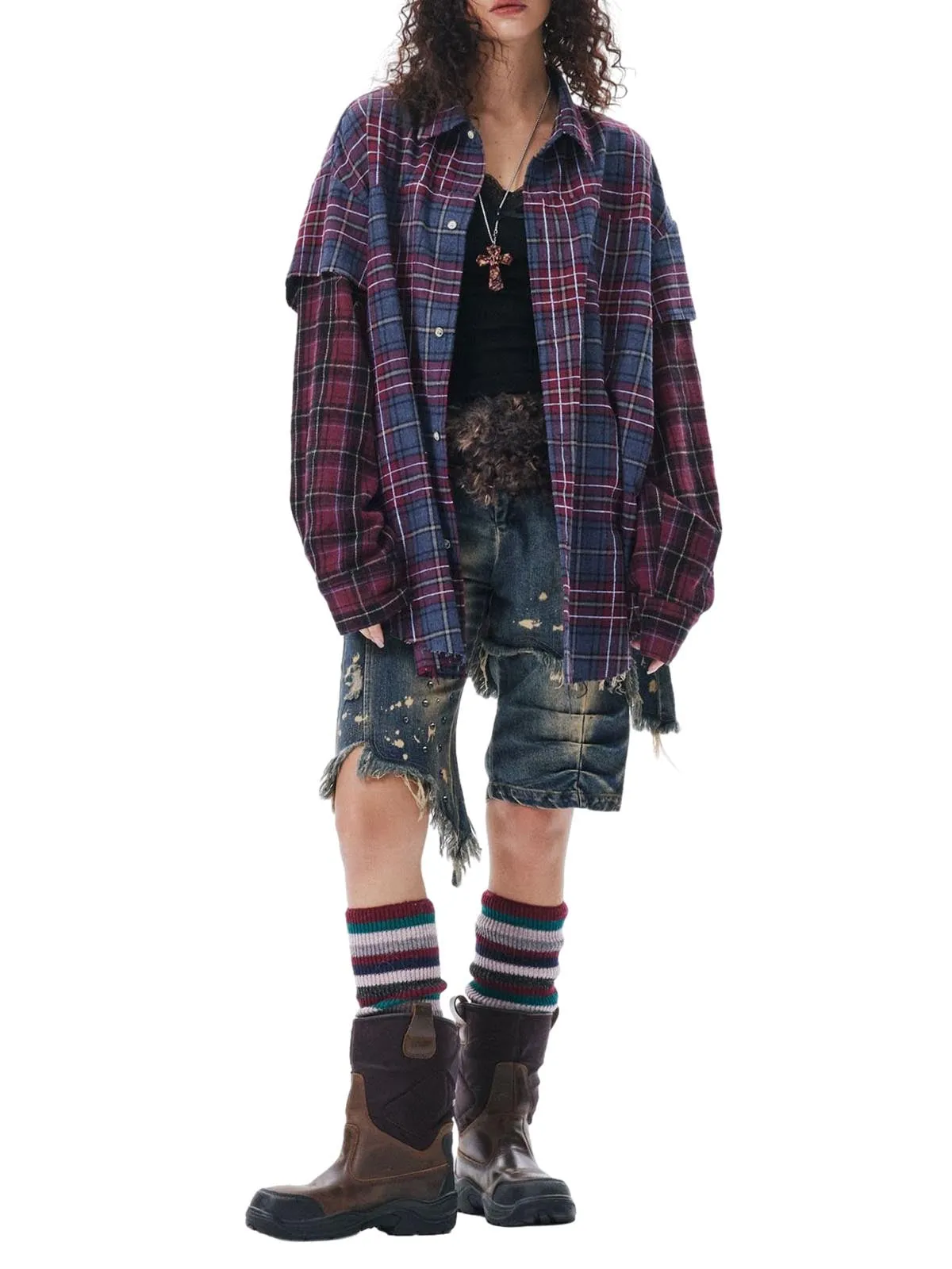 Retro Faux Two-Piece Plaid Shirt sold by Thesupermade product image thumbnail 3