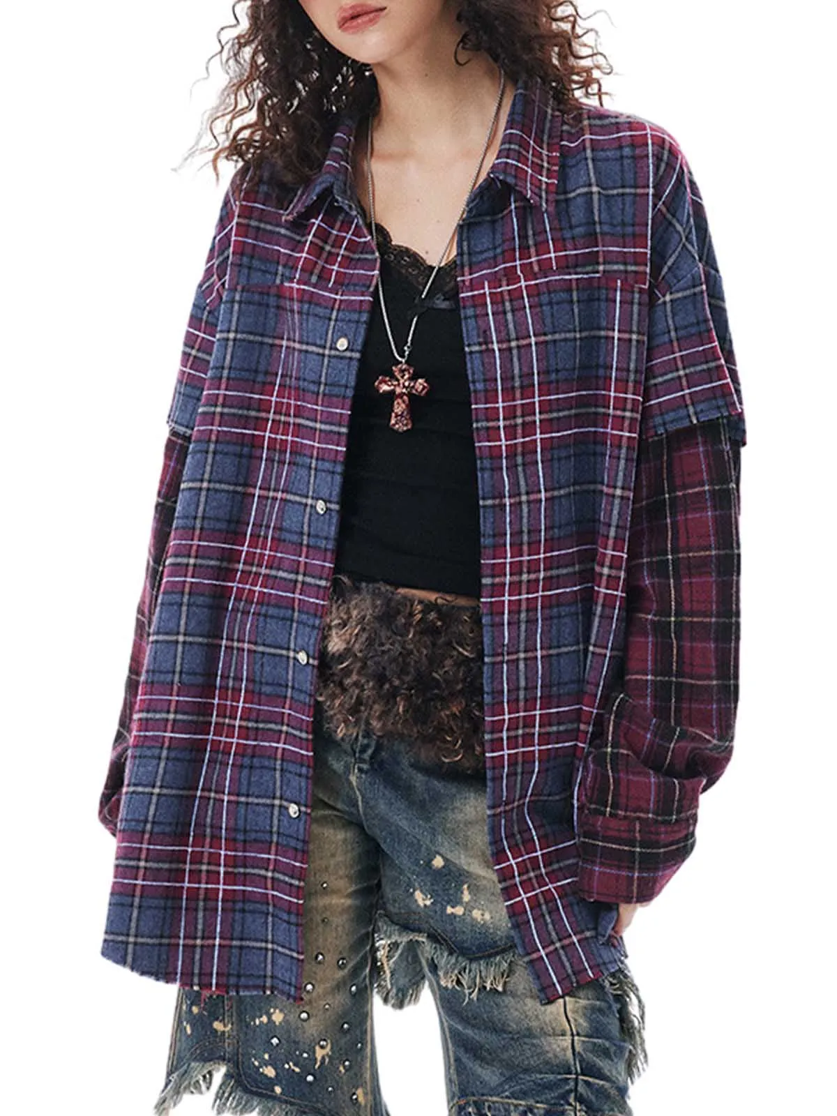 Retro Faux Two-Piece Plaid Shirt sold by Thesupermade product image thumbnail 2