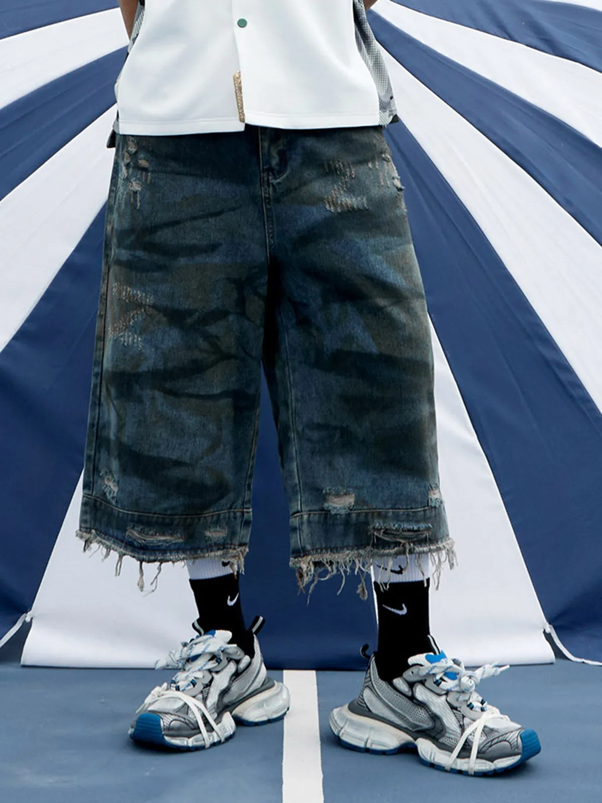 Washed Dirty Ripped Denim Cropped Jorts - 2351 sold by Thesupermade