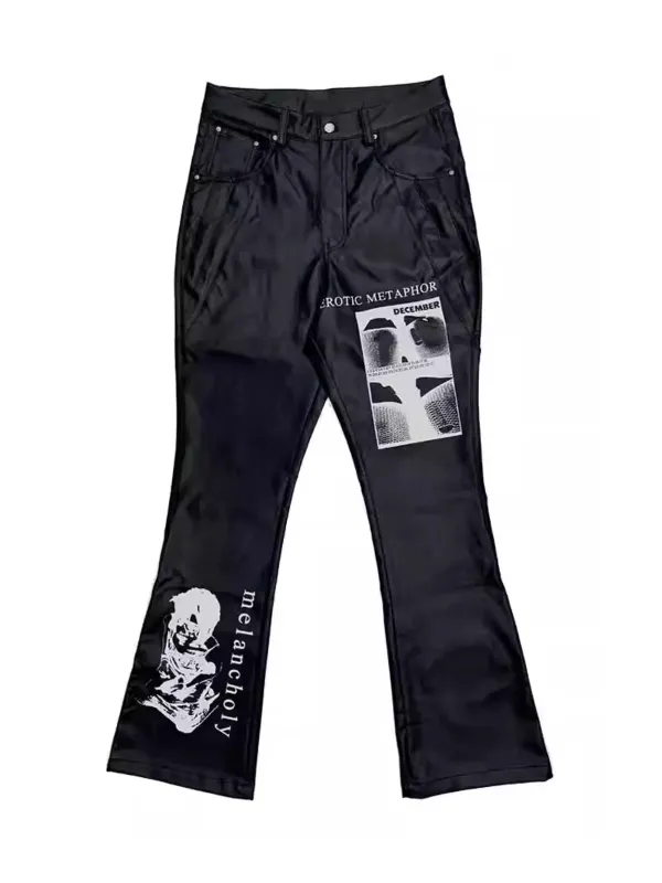 Gothic Flared Print PU Leather Pants sold by Thesupermade