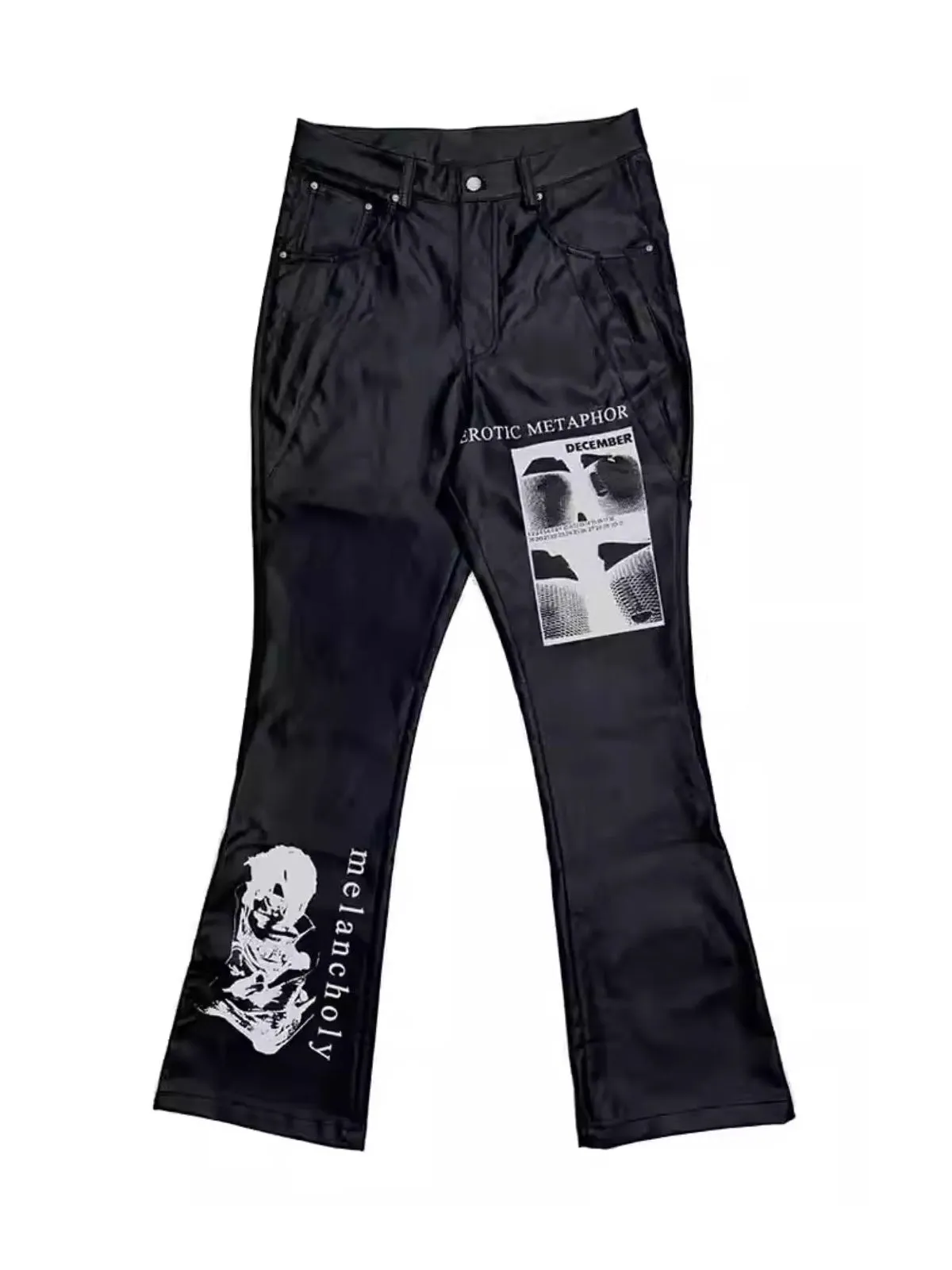 Gothic Flared Print PU Leather Pants sold by Thesupermade