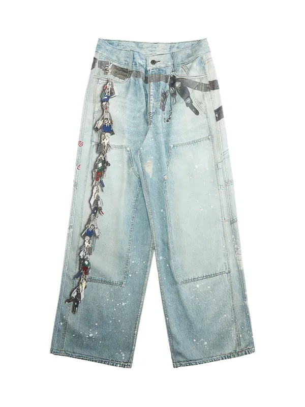 Distressed Washed Ink-splashed Chain Print Baggy Jeans sold by Thesupermade