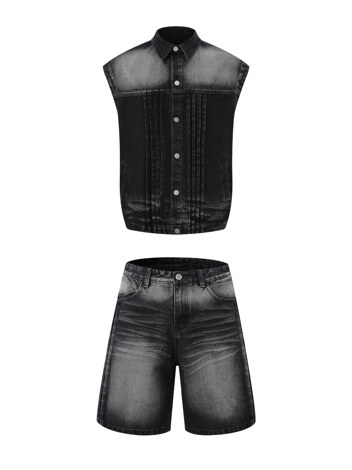 Distressed Washed Pleated Vest Jorts Denim Suit sold by Thesupermade product image thumbnail 4