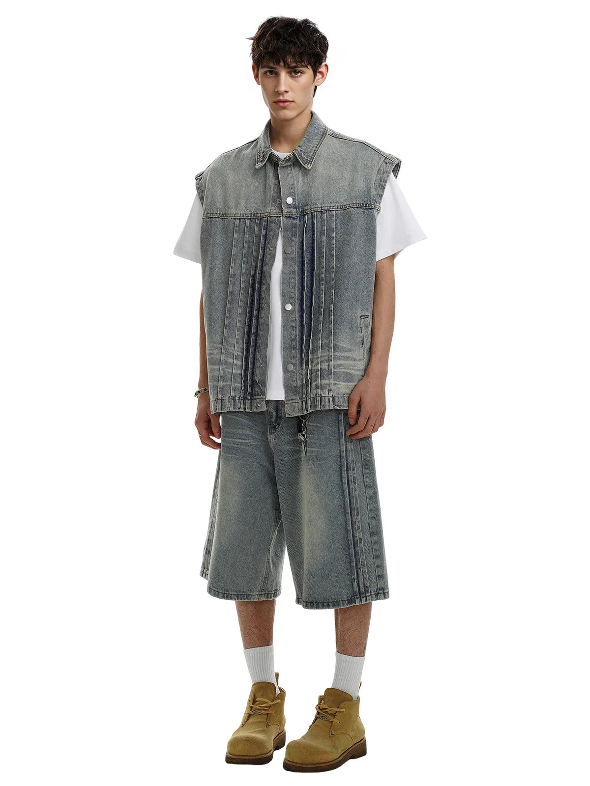 Distressed Washed Pleated Vest Jorts Denim Suit sold by Thesupermade