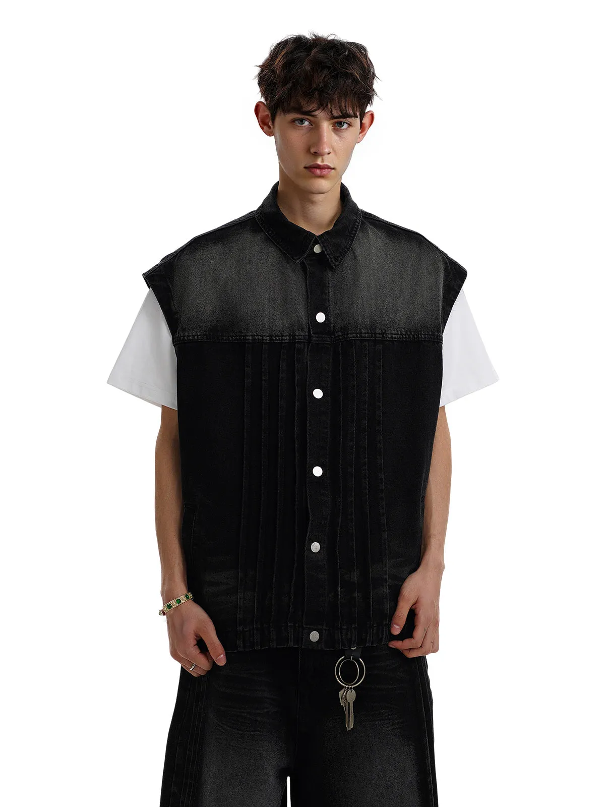 Distressed Washed Pleated Vest Jorts Denim Suit sold by Thesupermade product image thumbnail 5