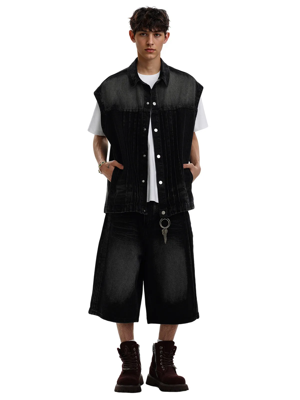 Distressed Washed Pleated Vest Jorts Denim Suit sold by Thesupermade product image thumbnail 2
