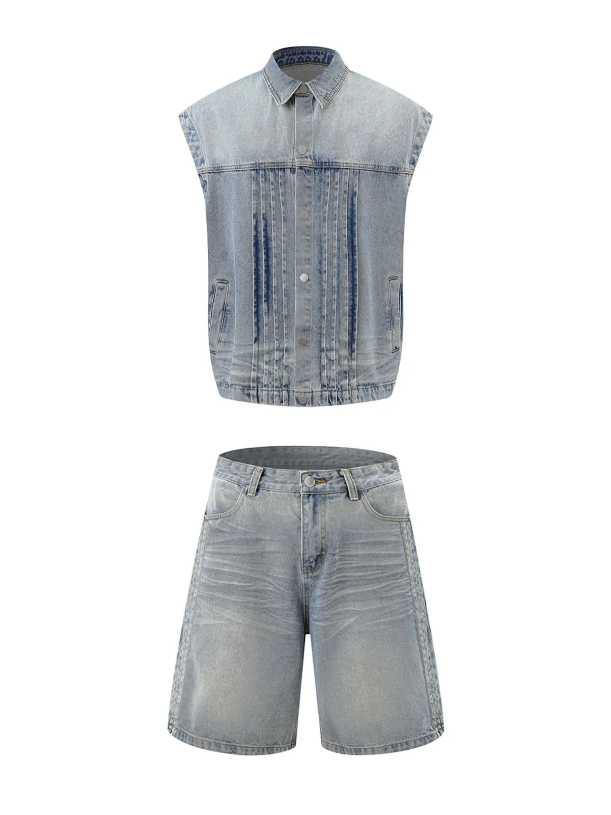 Distressed Washed Pleated Vest Jorts Denim Suit sold by Thesupermade product image thumbnail 3