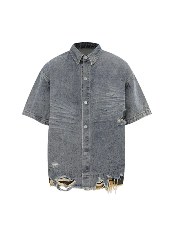 Thesupermade Distressed Denim Short-Sleeve Shirt sold by Thesupermade