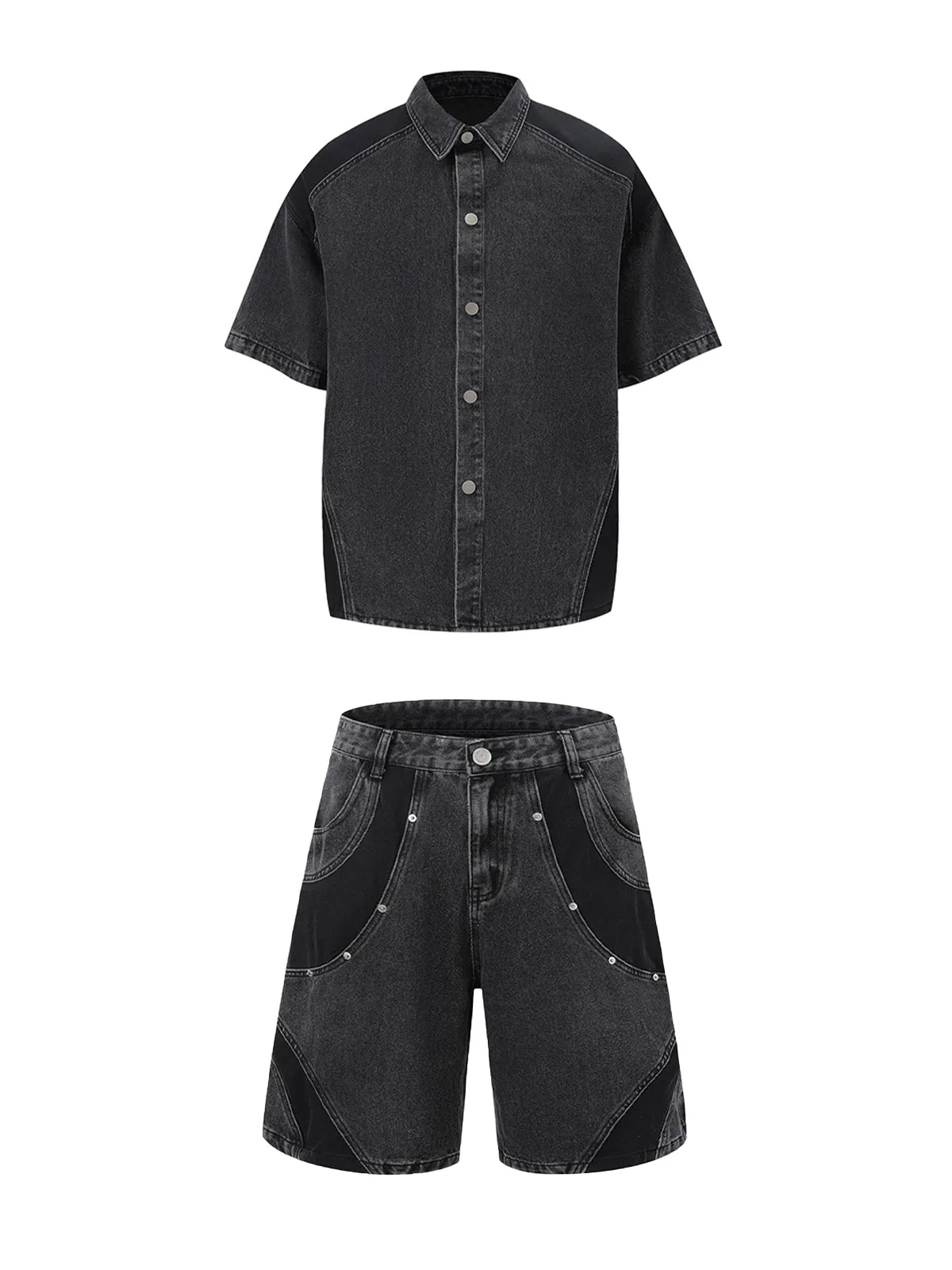 Deconstructed Patchwork Short-Sleeve Cropped Denim Set sold by Thesupermade product image thumbnail 2