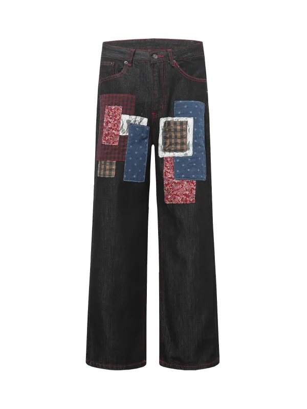 Retro Patchwork Baggy Jeans sold by Thesupermade