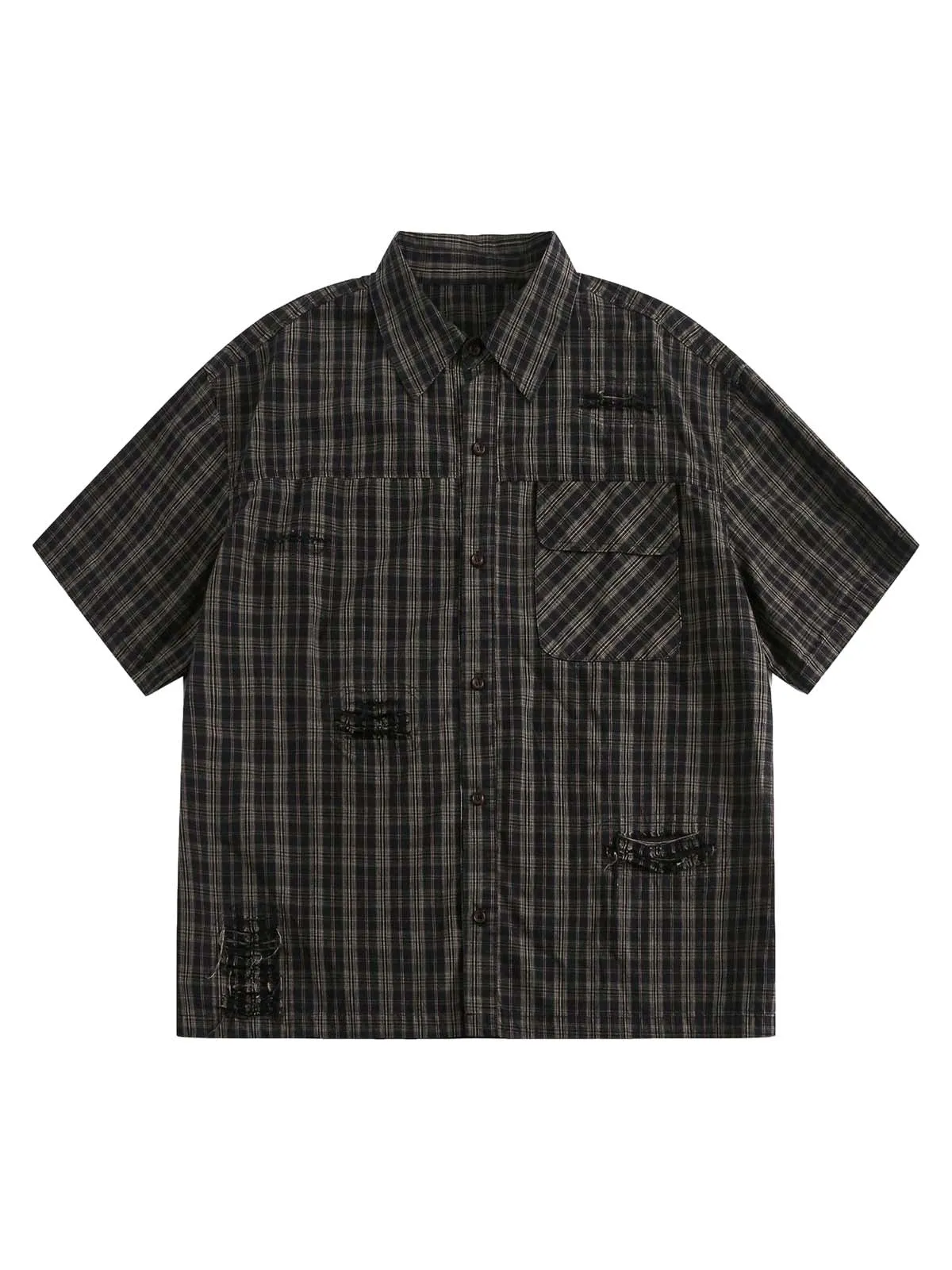 Distressed Plaid Short-Sleeve Shirt sold by Thesupermade