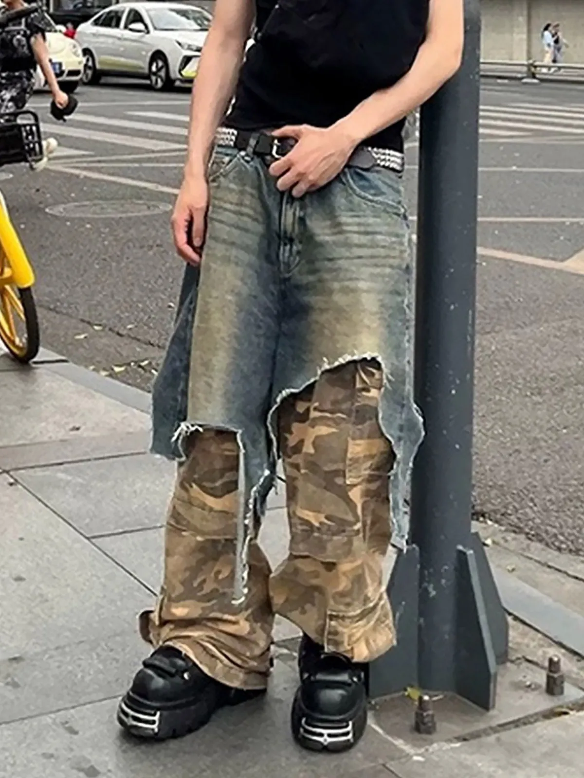 Retro Stitching Faux Two-Piece Camouflage Jeans - 2413 sold by Thesupermade product image thumbnail 5