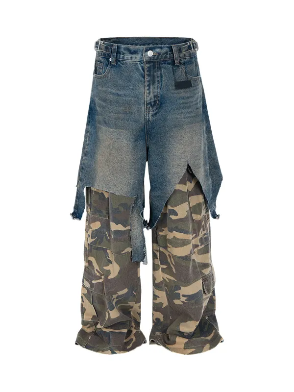 Retro Stitching Faux Two-Piece Camouflage Jeans - 2413 sold by Thesupermade