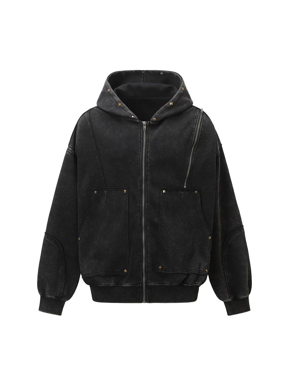 Street Washed Distressed Stitching Rivet Hooded Jacket sold by Thesupermade product image thumbnail 2
