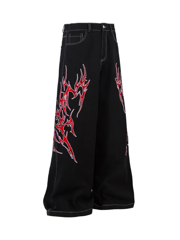 Contrast Flame Embroidered Baggy Jeans - 2364 sold by Thesupermade