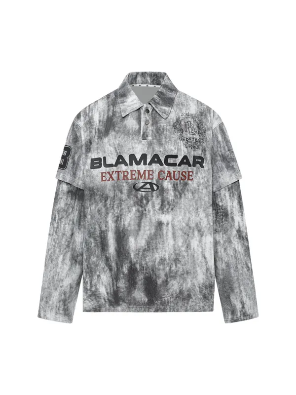 Faux Two-Piece Tie-Dye Print Long-Sleeve Polo Shirt - 2366 sold by Thesupermade